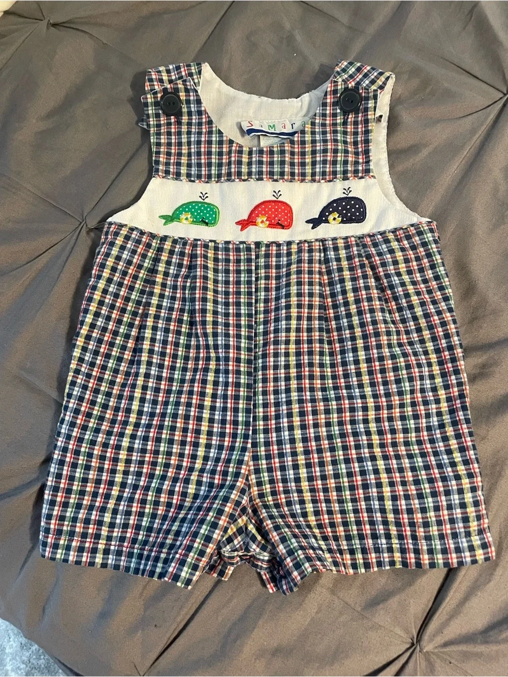 Samara baby boy plaid whale embroidered romper - 0618